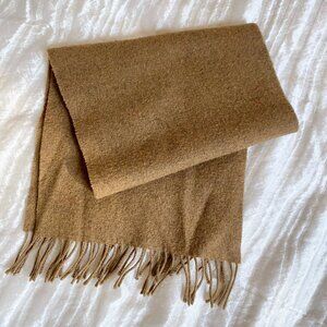 🌿90s Vintage Warm Camel Brown Wool Scarf with Soft Fringed Ends
